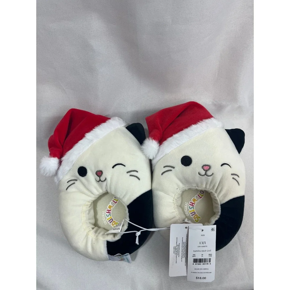 Squishmallows‎ Santa Hat Cat Cam Slippers Kids Youth 13/1 Off-White Holiday New